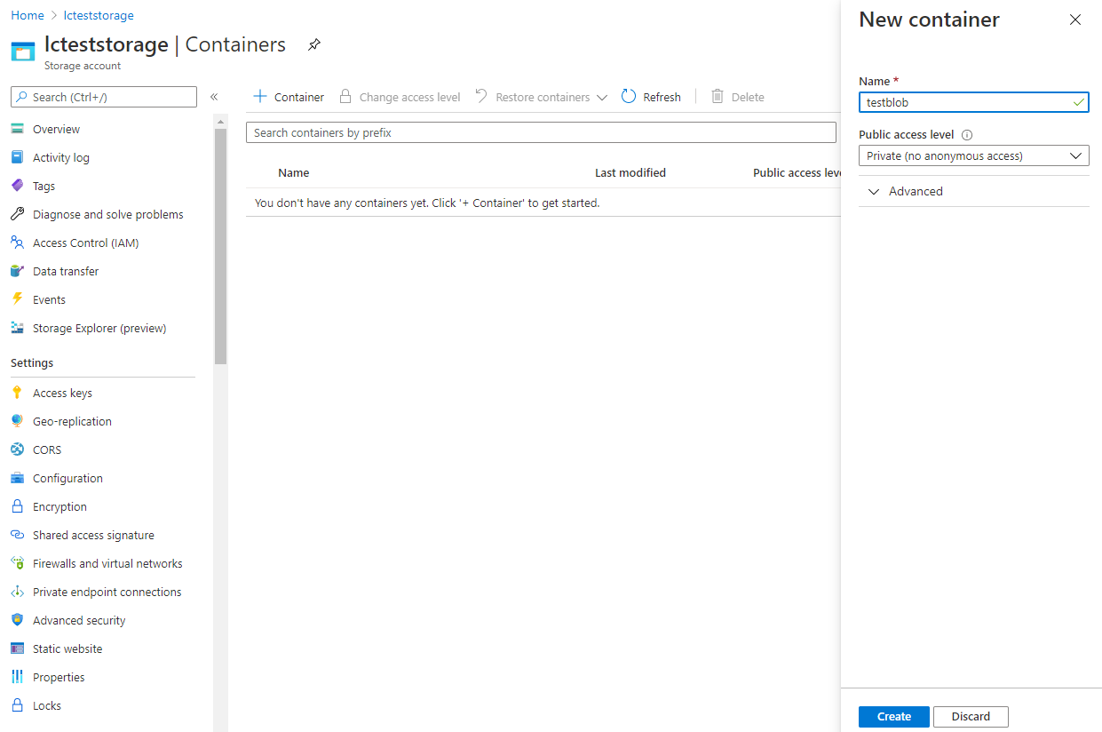 Нажмите «Create», чтобы создать контейнер