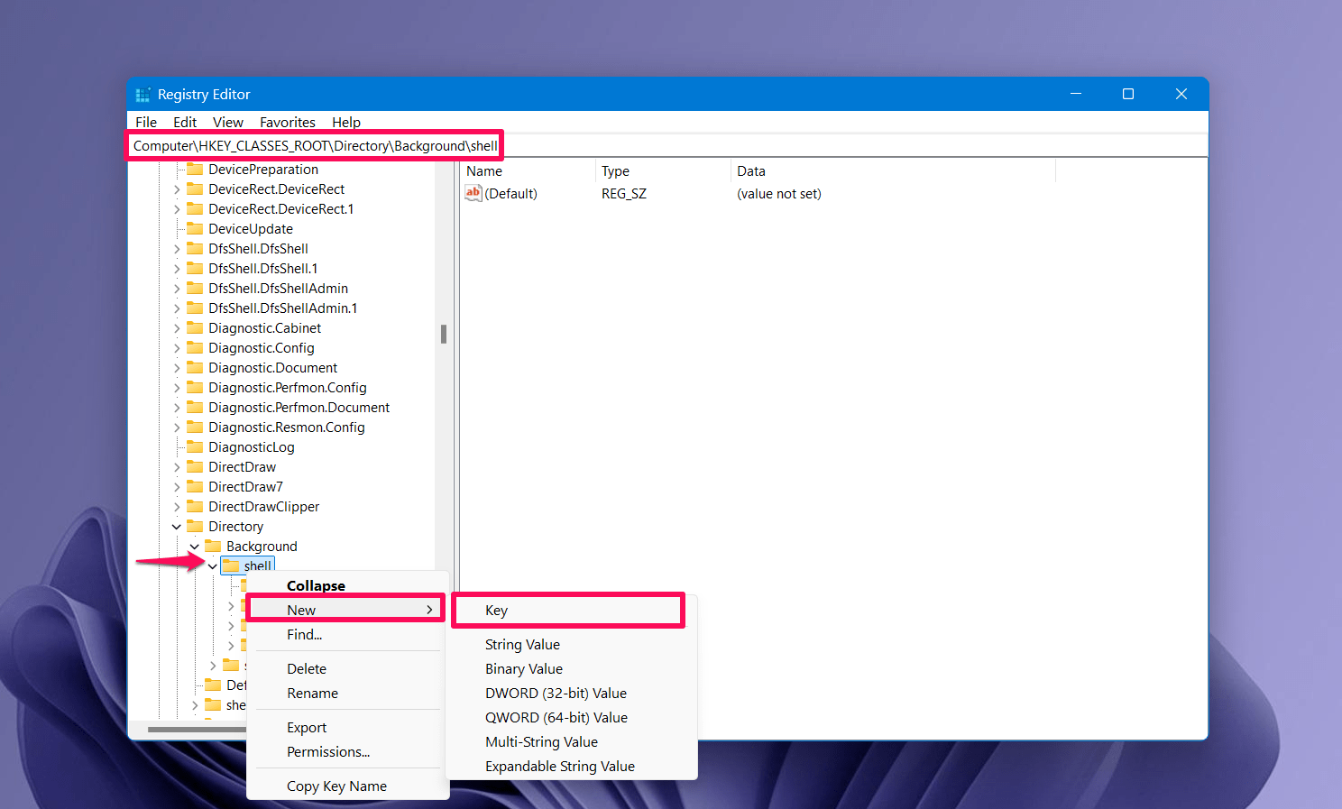 Клик правой кнопкой по Shell и выбор New > Key