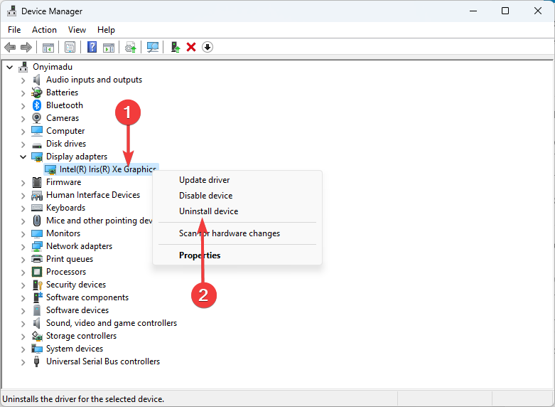 Удаление устройства видеокарты в Диспетчере устройств