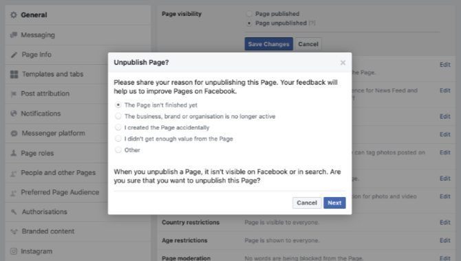 Unpublish Your Facebook Page