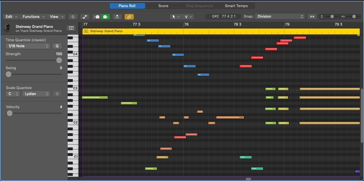Многодорожечный MIDI-трек фортепиано в Logic Pro X