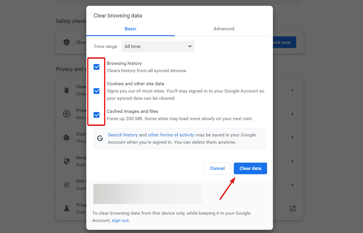 Кнопка «Очистить данные» в Chrome