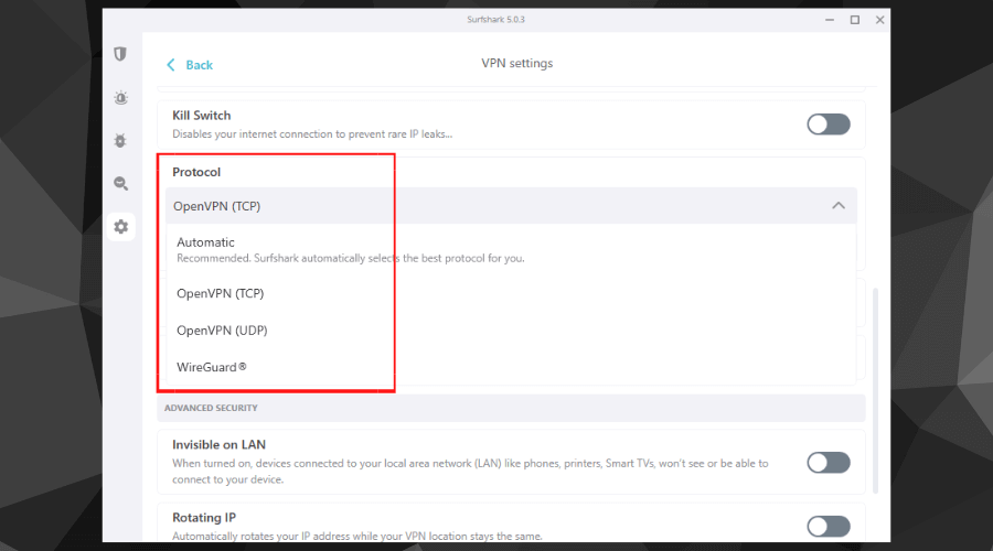 Surfshark settings page: how to change VPN protocol