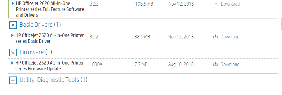 Раздел прошивки принтера HP со списком доступных обновлений
