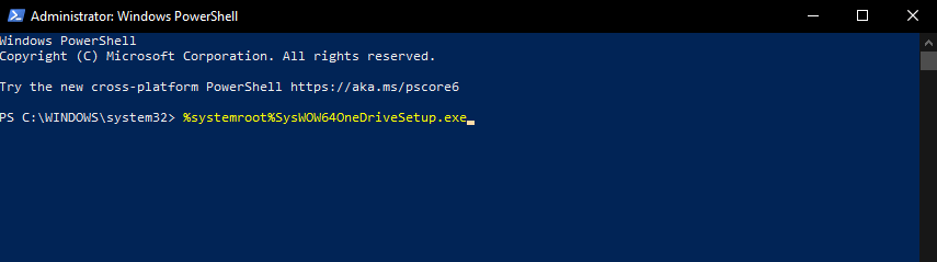 Команды PowerShell для установки OneDrive