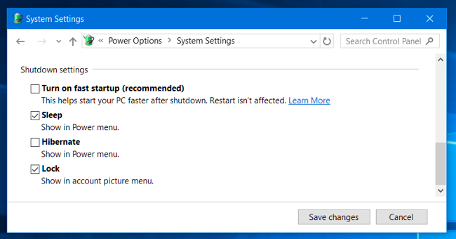 Параметры электропитания: отключение Быстрого запуска