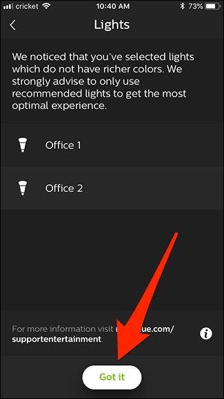 Предупреждение о лампах старого поколения и кнопка Got It