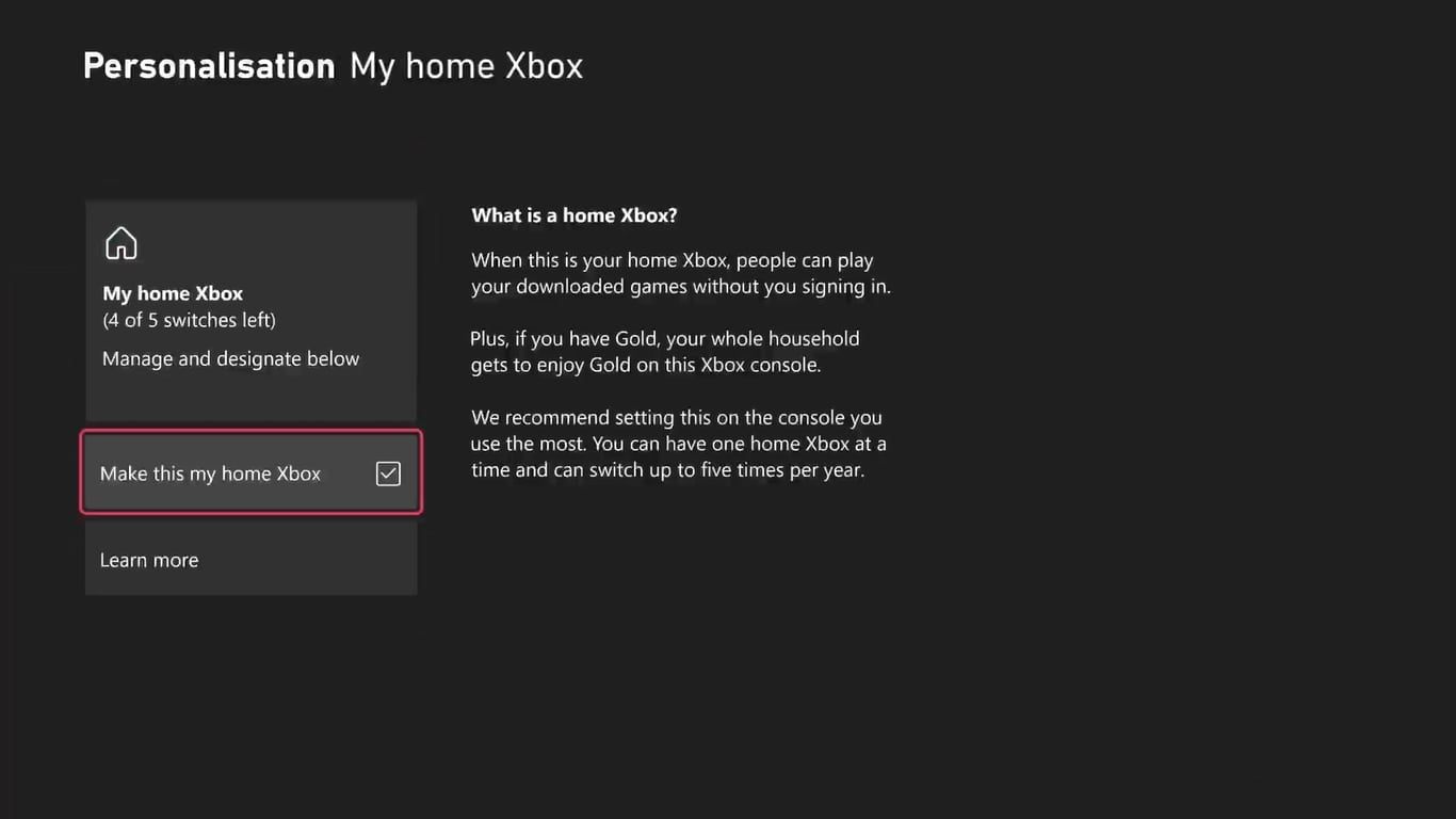 Скриншот настройки My Home Xbox на Xbox Series X с выделенной опцией Make This My Home Xbox