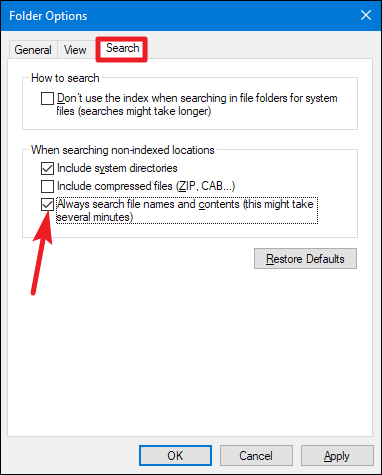 Переключатель «Всегда искать имена файлов и содержимое» в параметрах поиска