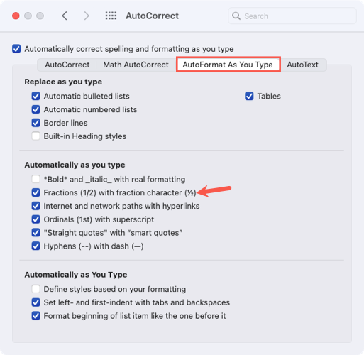 Автоформат дробей в Word на Mac флажок установлен
