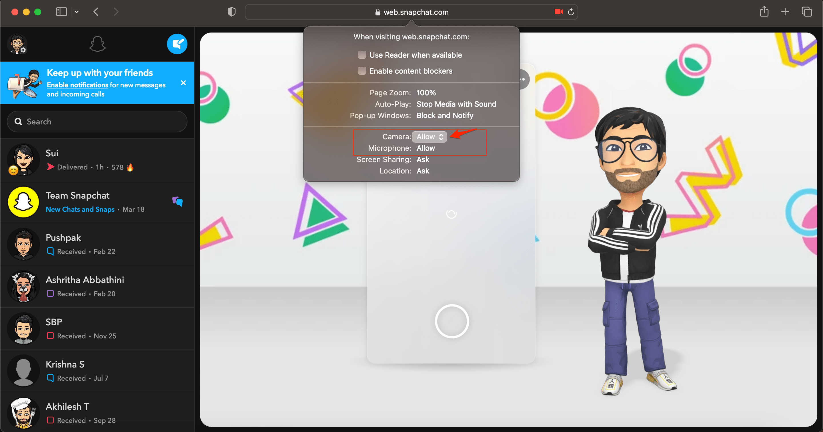 Разрешить камеру для Snapchat Web в Safari