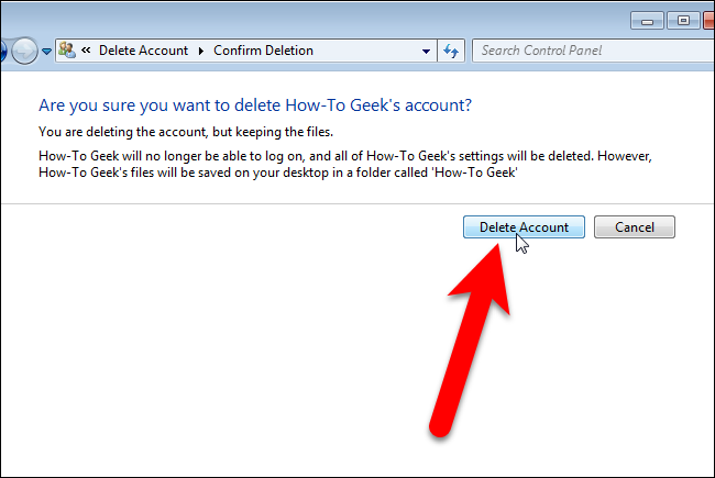 Подтверждение удаления учётной записи в Windows 7