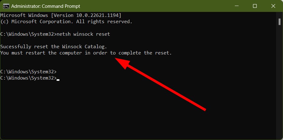 Сообщение об успешном выполнении команды сброса Winsock