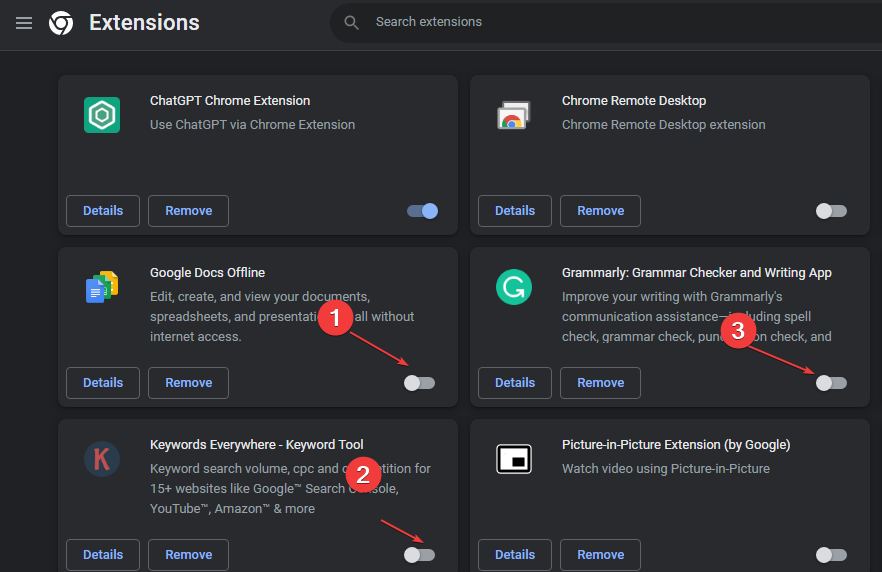 Страница расширений Chrome с переключателями