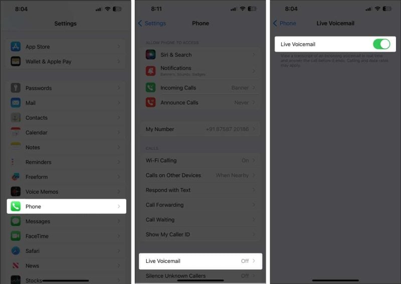 Переключатель Live Voicemail включён