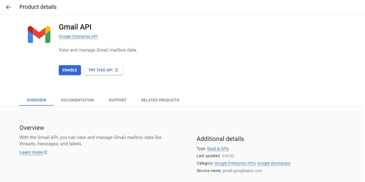 Экран Gmail API в консоли Google.