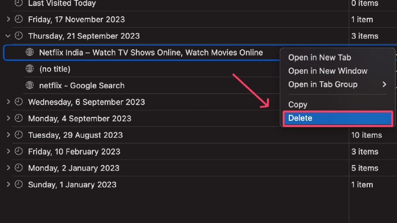 delete individual history in safari