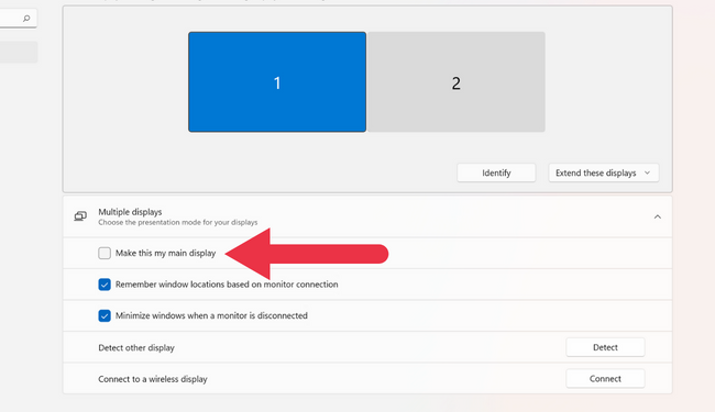 Переключатель основного дисплея в настройках Windows 11