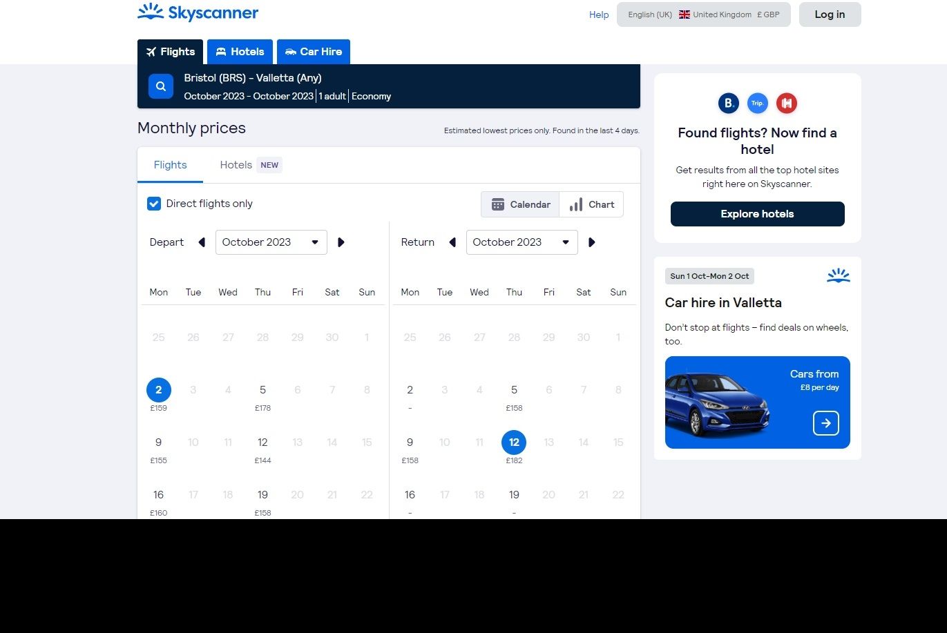 результаты поиска авиабилетов на Skyscanner