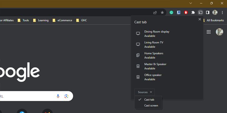 Окно трансляции в Google Chrome