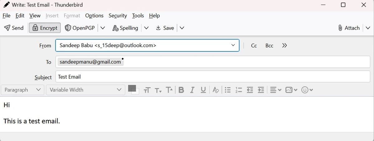 Скриншот зашифрованного тестового письма в Thunderbird