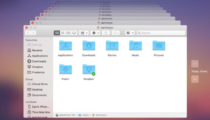 Time Machine showing historical backups of Home folder