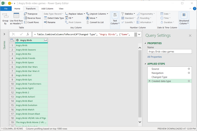 Power Query Editor с созданным типом данных