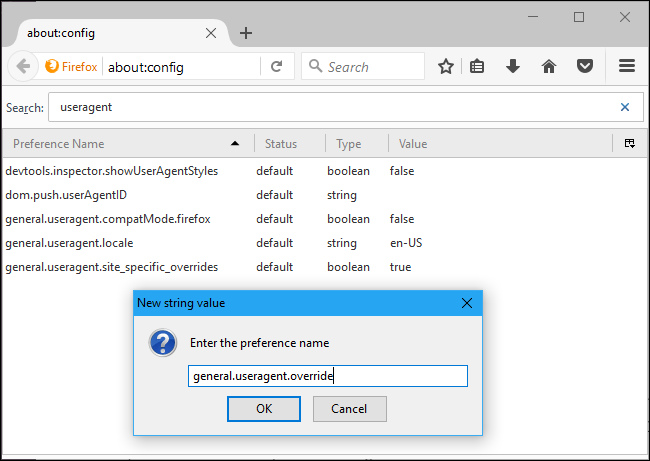 Ввод имени параметра general.useragent.override