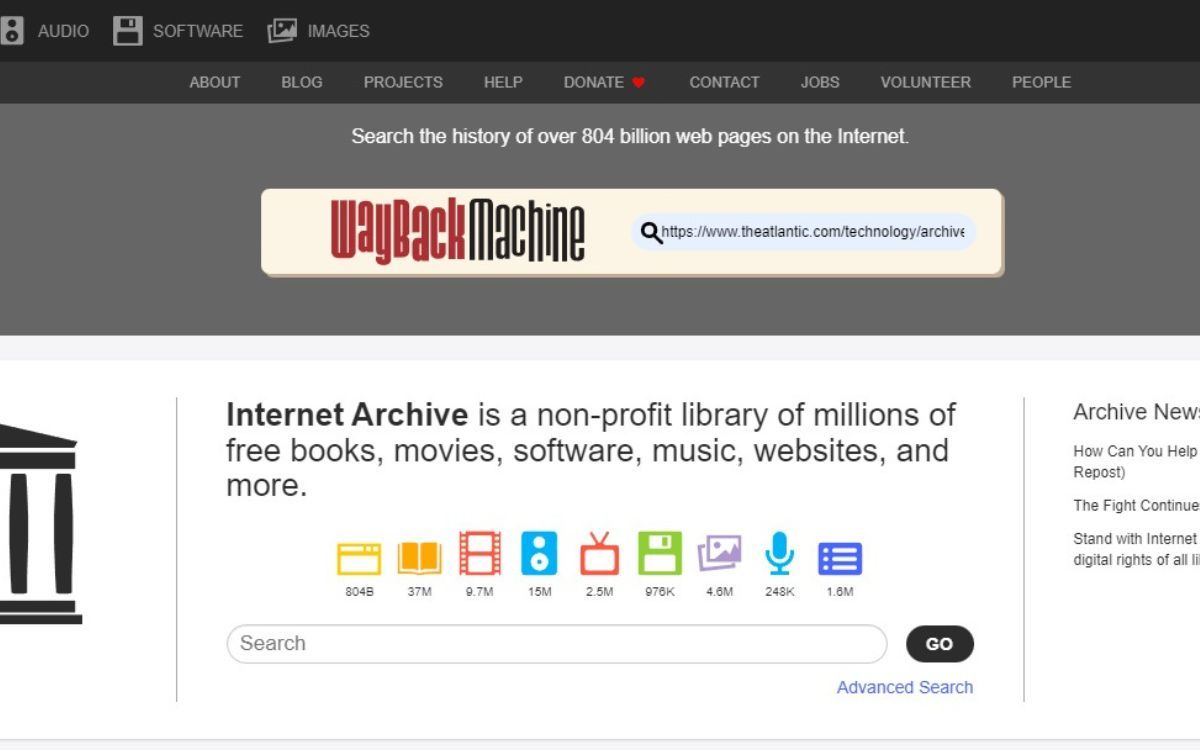 Снимок главной страницы Internet Archive