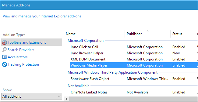 Окно управления надстройками в Internet Explorer