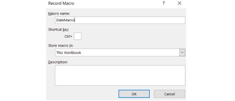 Окно Запись макроса — создание и именование макроса
