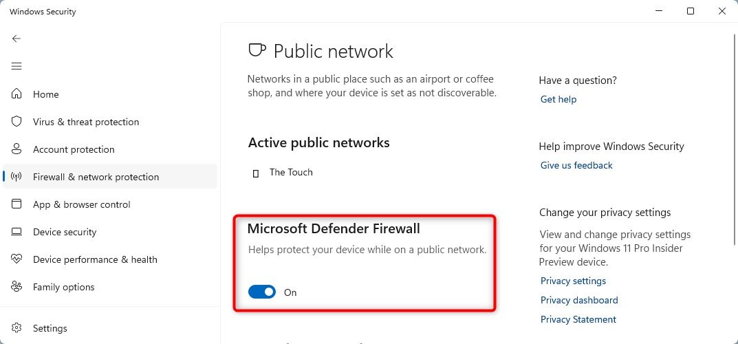 Окно настроек брандмауэра в Безопасности Windows