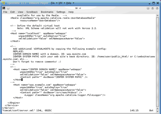 Фрагмент server.xml Tomcat с добавленным Host для www.example.com и docBase /srv/www/htdocs