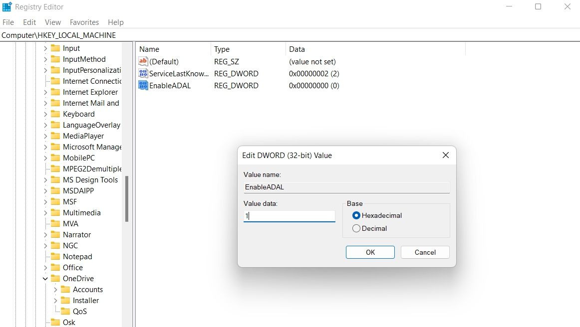 Окно редактора реестра с параметрами OneDrive