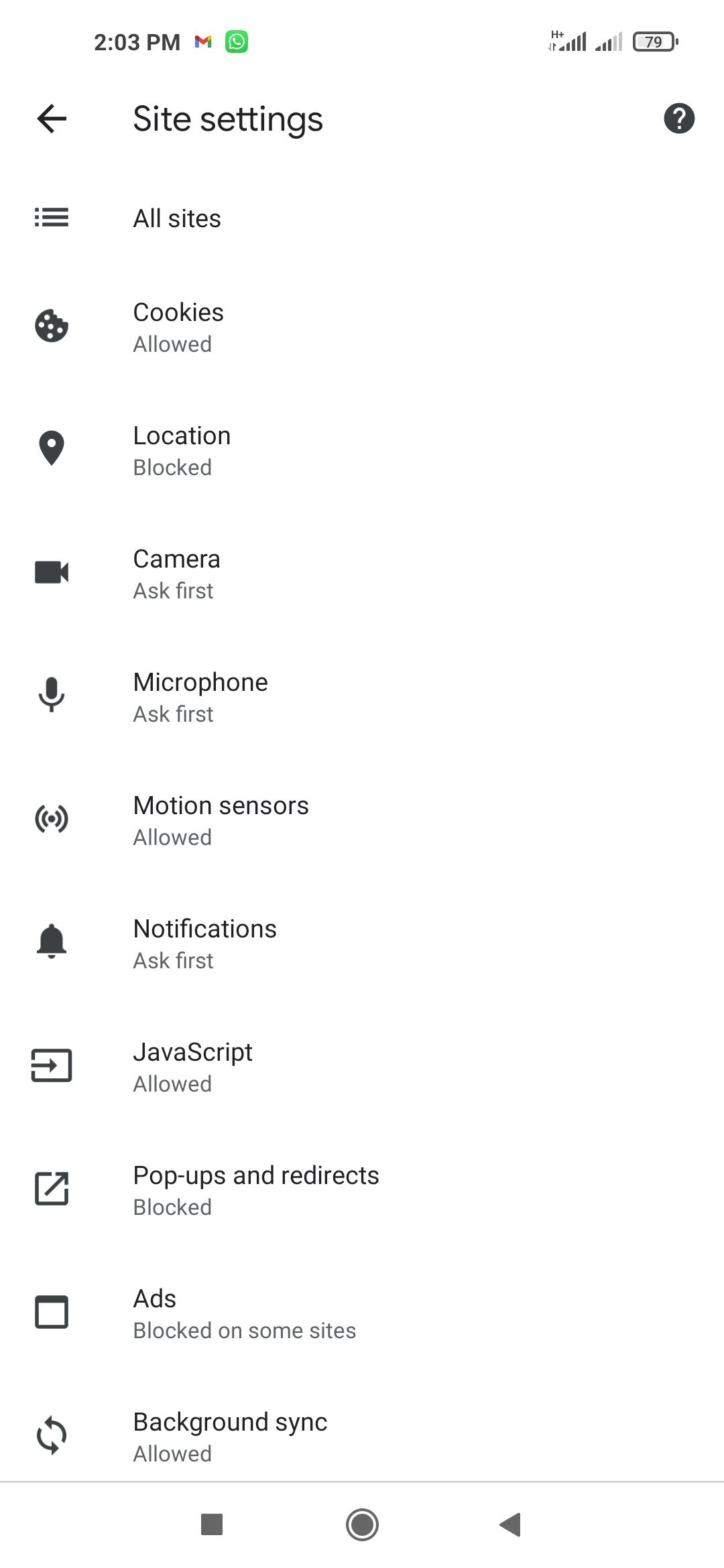 Опции файлов cookie в мобильном Chrome