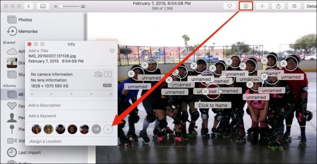 Добавление пометок лиц на групповой фотографии через окно сведений