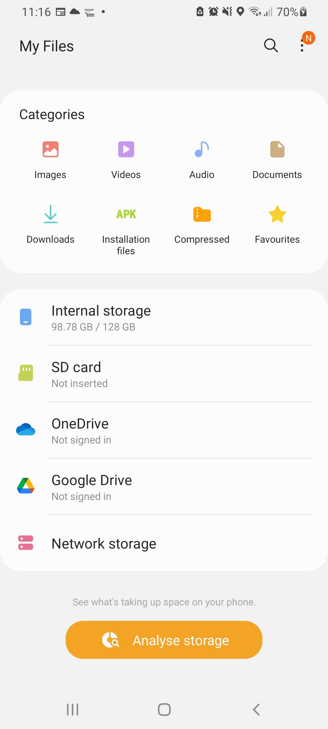 Анализ внутреннего хранилища в My Files, раздел Analyze storage