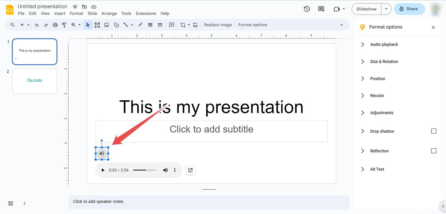 Иконка динамика после вставки аудио в Google Slides