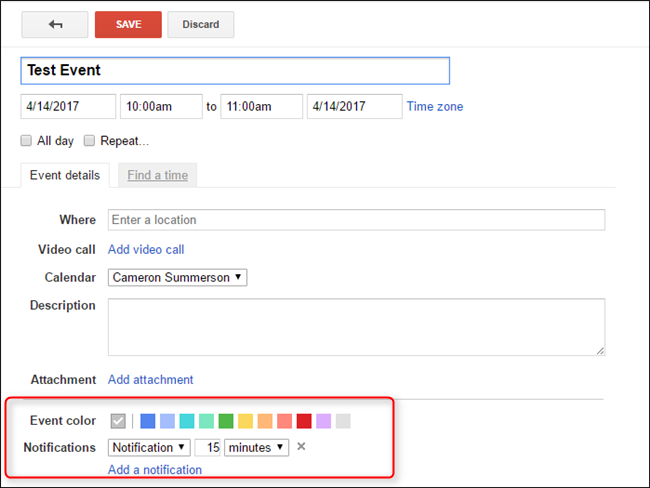 Скриншот: панель редактирования события с секцией Уведомления