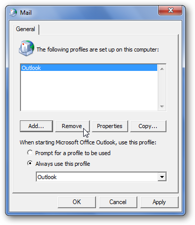Удаление профиля Outlook