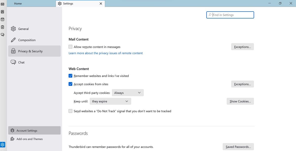 Скриншот настроек учётной записи в Thunderbird