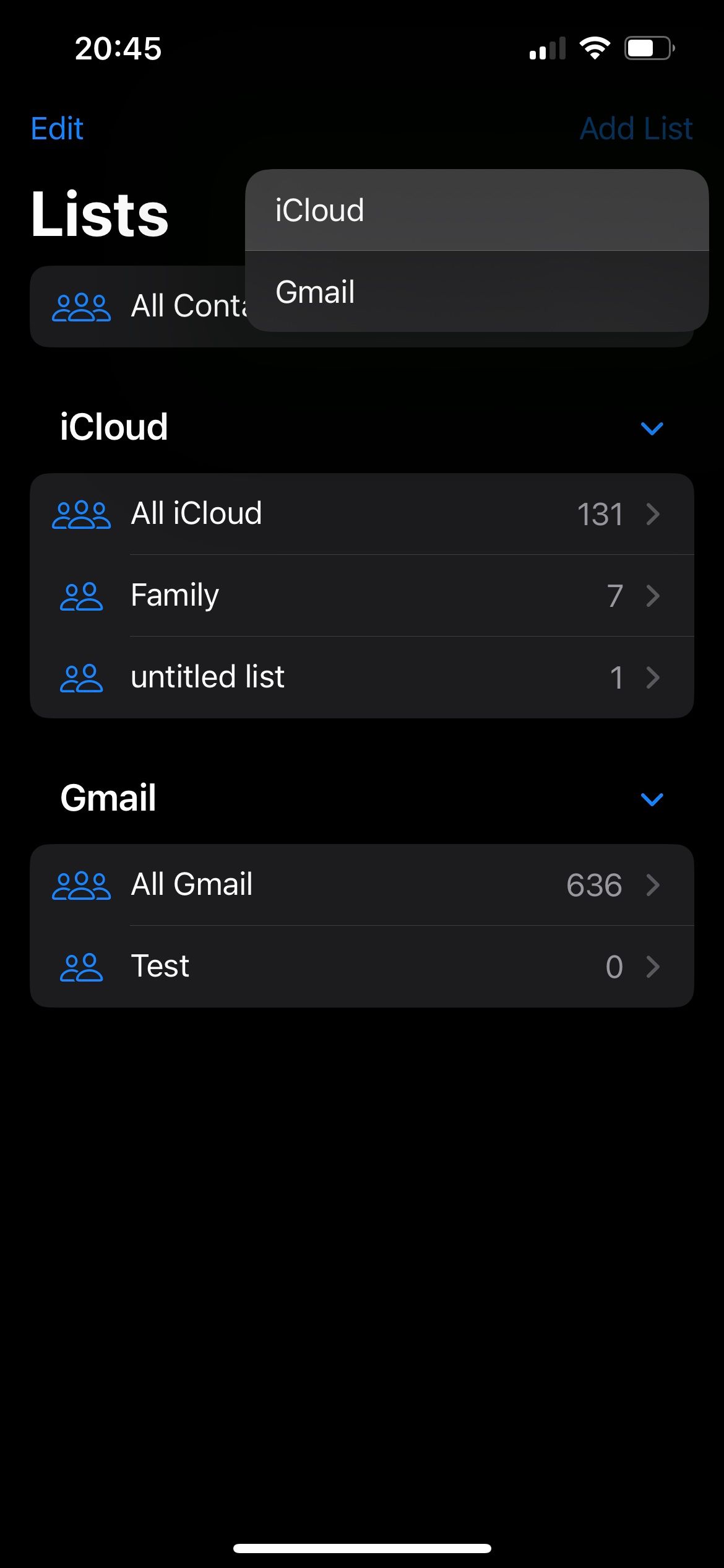 Меню «Добавить список» с предложением выбрать iCloud или Gmail