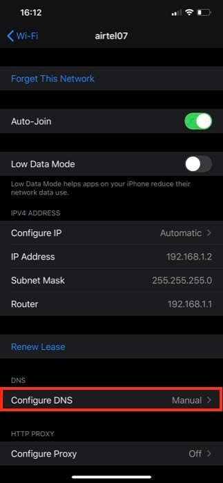 Снимок: конфигурация DNS в iOS
