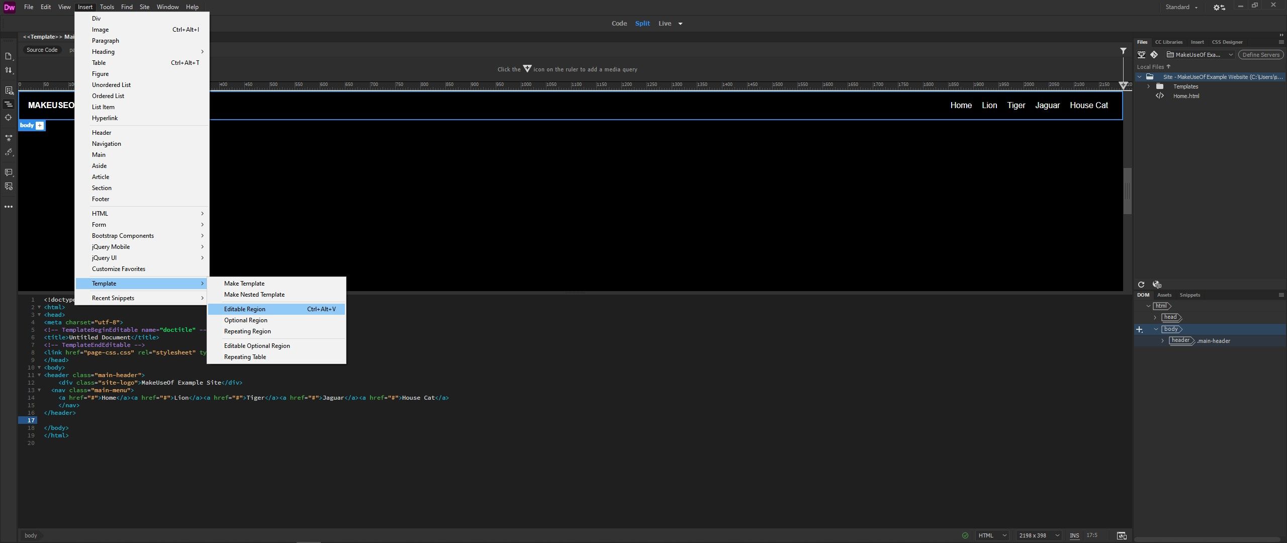 insert dreamweaver content element