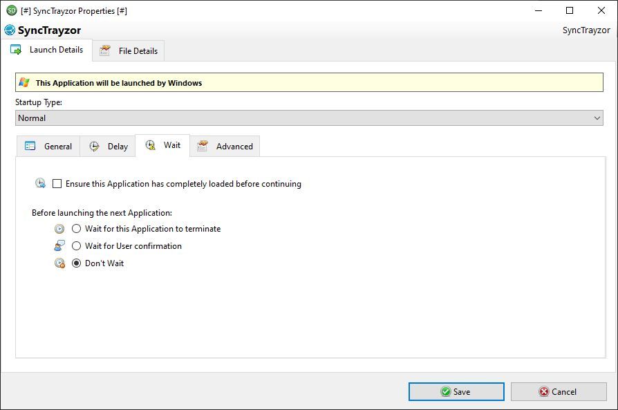 Startup Delayer wait options tab.