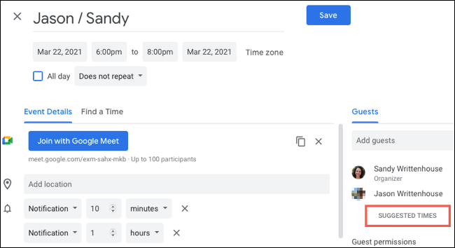 Нажмите Suggested Times в окне деталей события