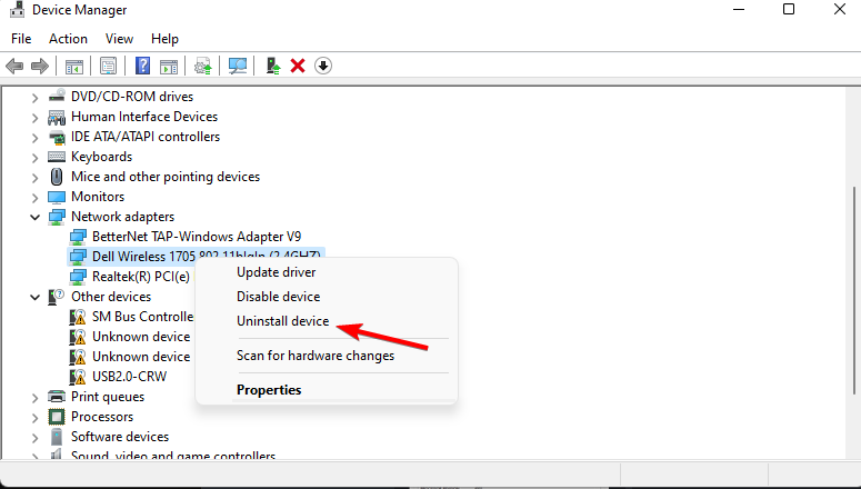 Удаление сетевого адаптера
