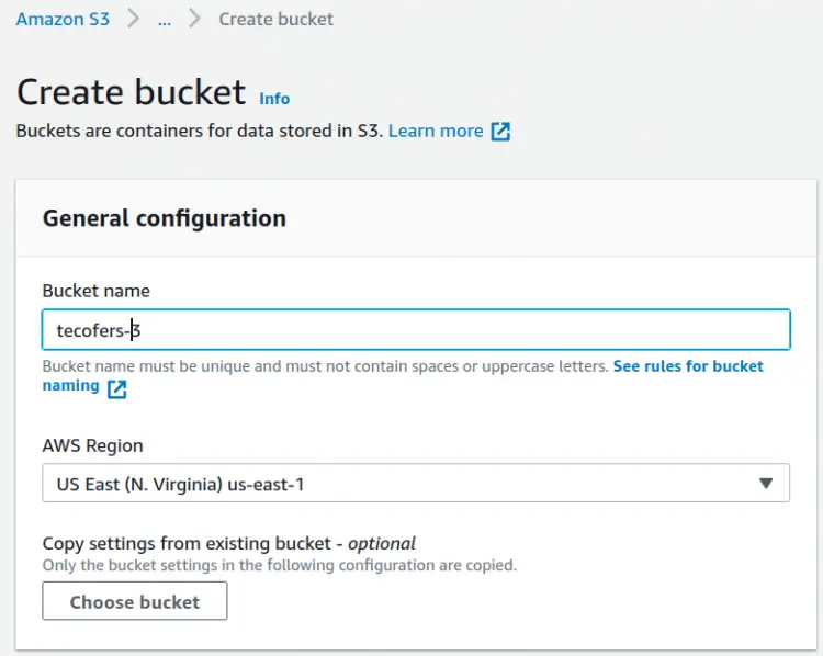 Общая конфигурация бакета с полями для имени, региона и опций копирования