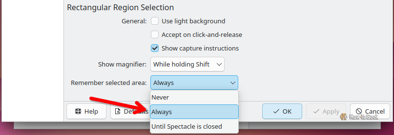 Arrow pointing to the Remember Selected Area option in Spectacle configuration.