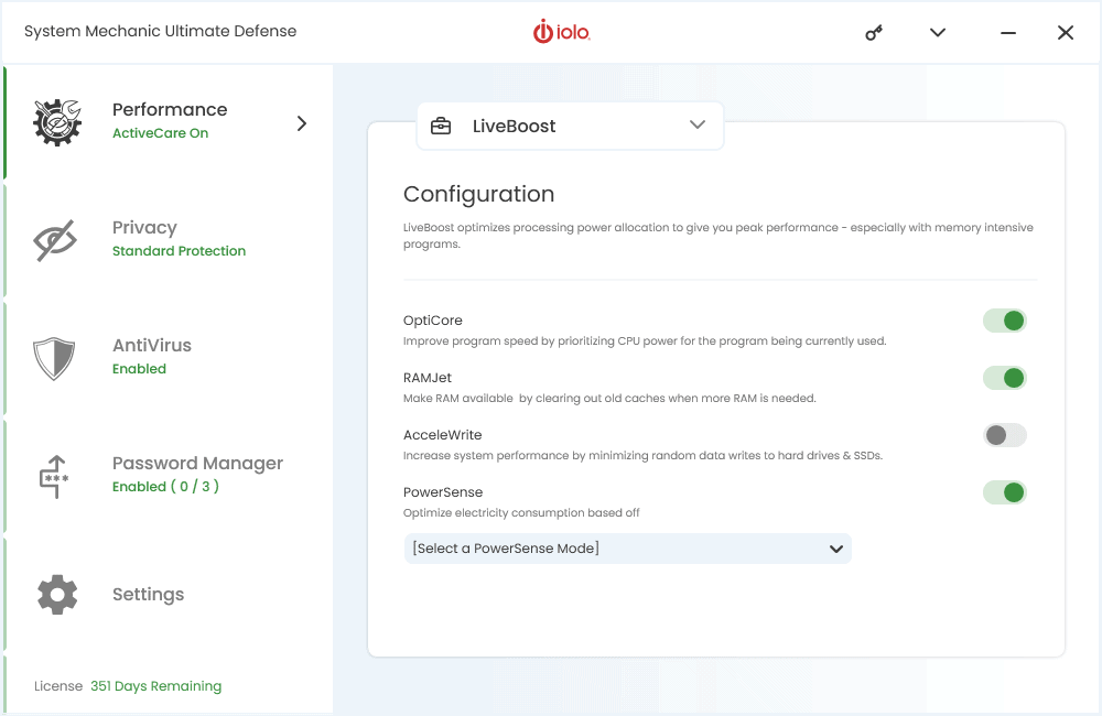 Иконка или меню LiveBoost в System Mechanic
